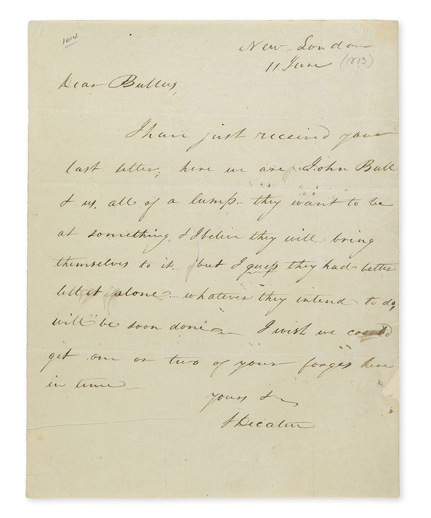 DECATUR, STEPHEN. Autograph Letter Signed, S Decatur, to Dr. John Bullus (Dear Bullus),